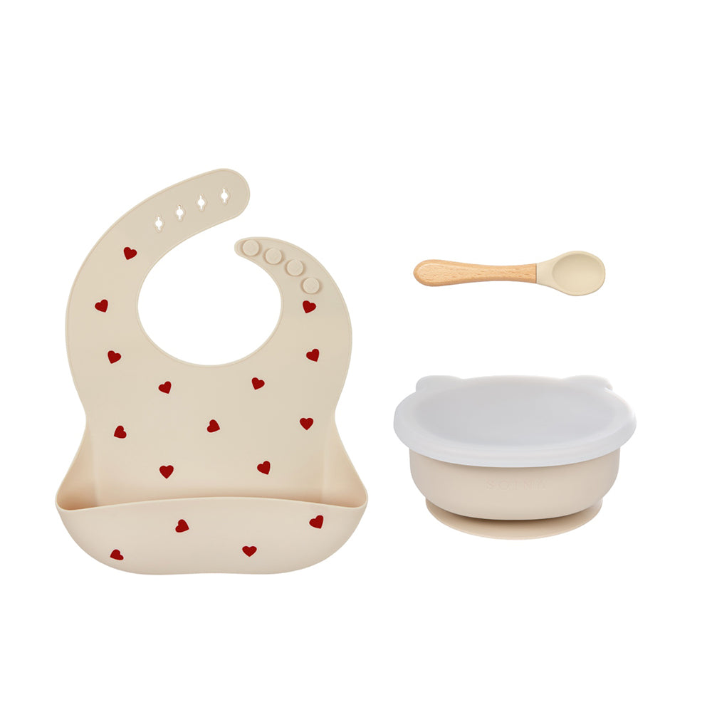 SOINA weaning gift set with silicone bib, bowl and bamboo spoon, ivory love