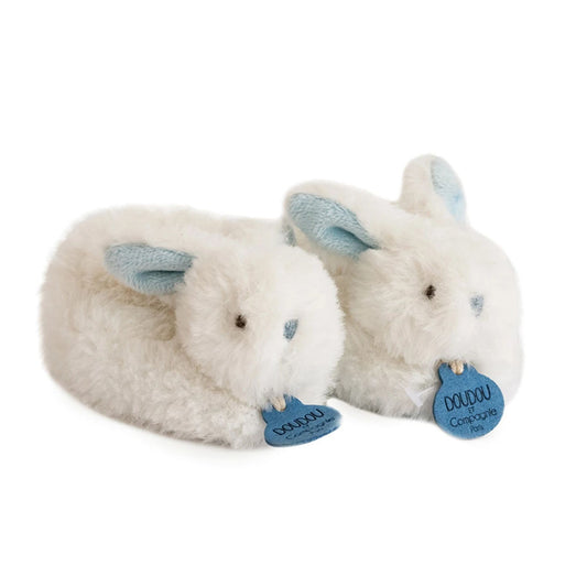 Doudou pieds de lapin bonbon avec hochet, bleu 0-6M