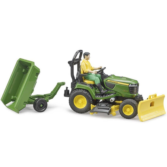 Frère John Deere sur tondeuse à gazon avec remorque