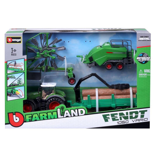 Coffret tracteur Bburago Fendt avec 3 remorques