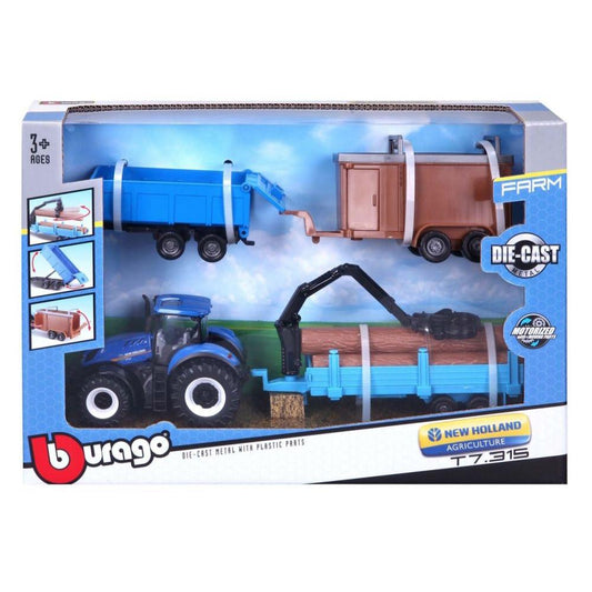 Coffret tracteur Bburago New Holland avec 3 remorques