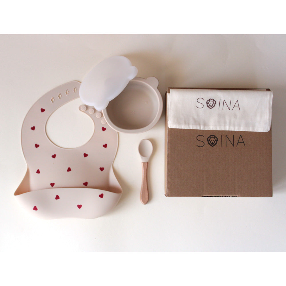SOINA weaning gift set with silicone bib, bowl and bamboo spoon, ivory love