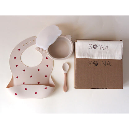 SOINA weaning gift set with silicone bib, bowl and bamboo spoon, ivory love