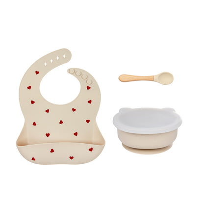 SOINA weaning gift set with silicone bib, bowl and bamboo spoon, ivory love