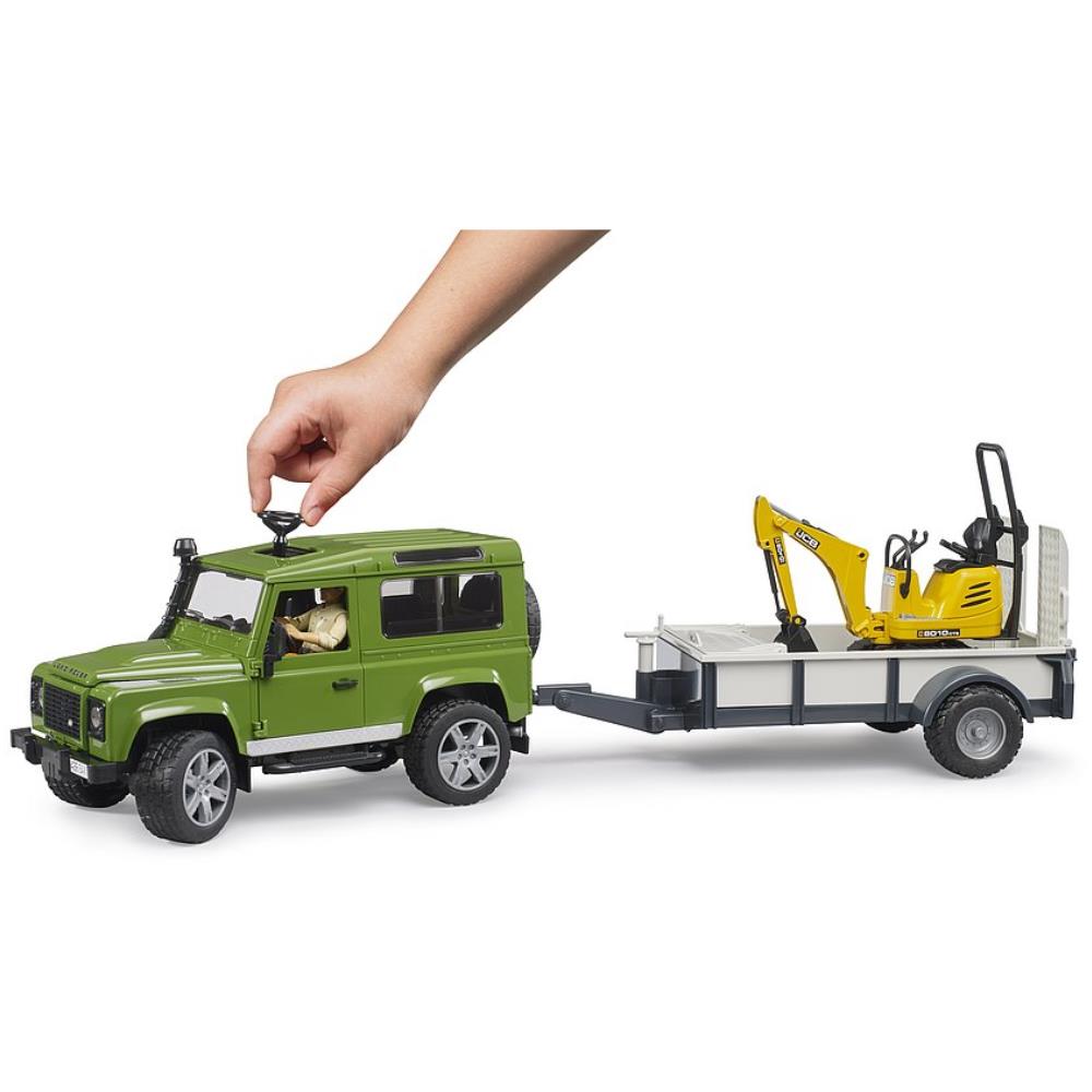 Bruder Land Rover Defender with trailer, JCB micro excavator