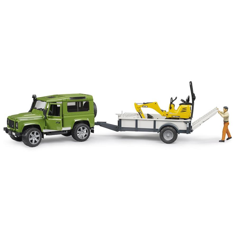 Bruder Land Rover Defender with trailer, JCB micro excavator