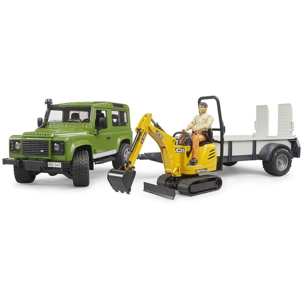 Bruder Land Rover Defender with trailer, JCB micro excavator