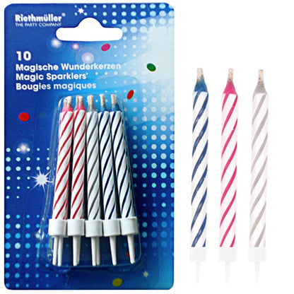 10 Trickkerzen mit Halter ass.
