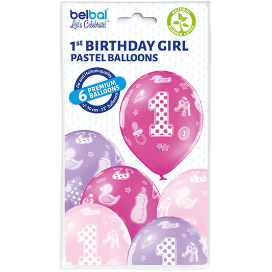 Ballons mit Zahl 1, Mädchen, 6 Stück