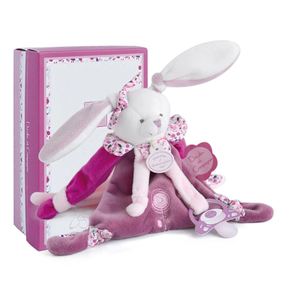 Doudou lapin cerise avec attache-sucette 17cm