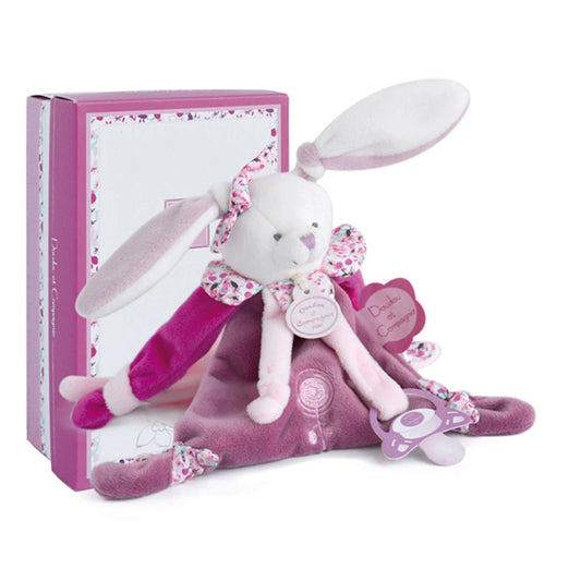 Doudou lapin cerise avec attache-sucette 17cm