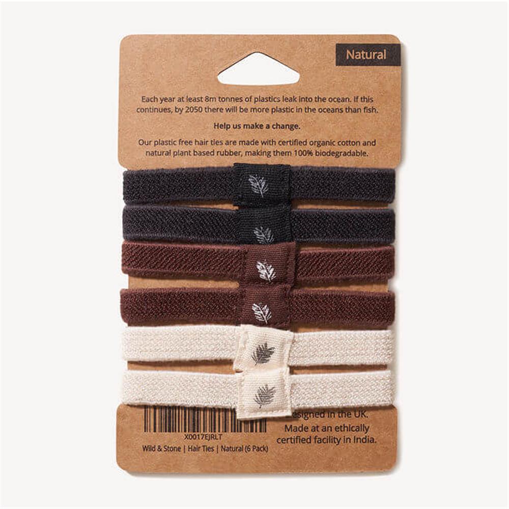 Wild &amp; Stone hair ties, plastic-free, 3 colours, pack of 6