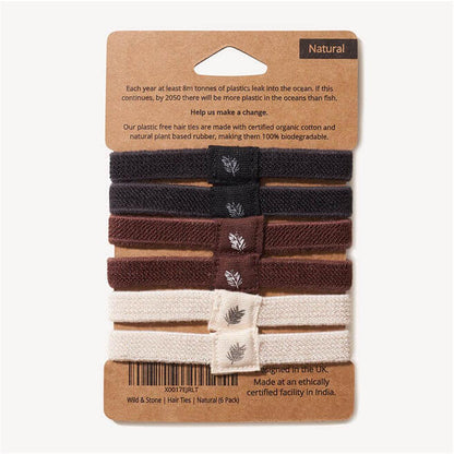 Wild &amp; Stone hair ties, plastic-free, 3 colours, pack of 6