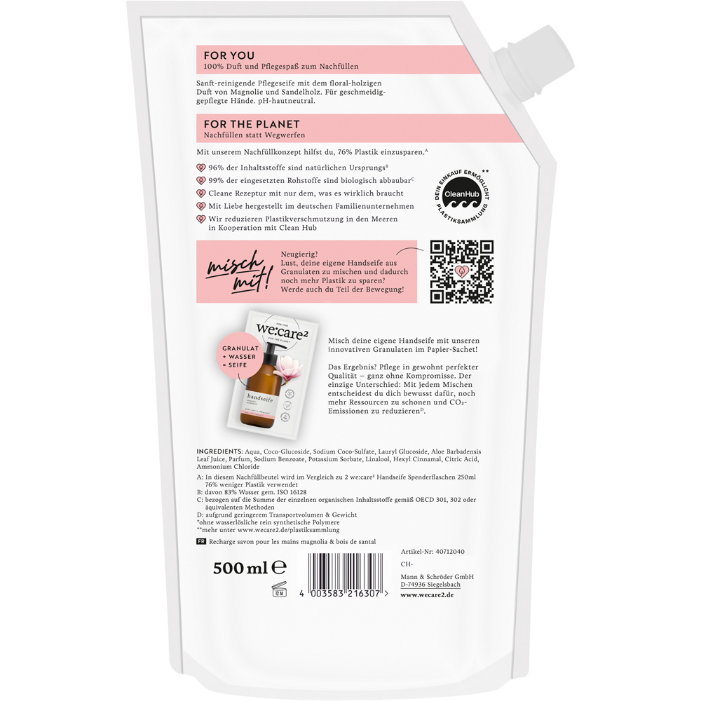we:care2 Nachfüllbeutel Handseife, Magnolie-Sandelzolz, 500 ml
