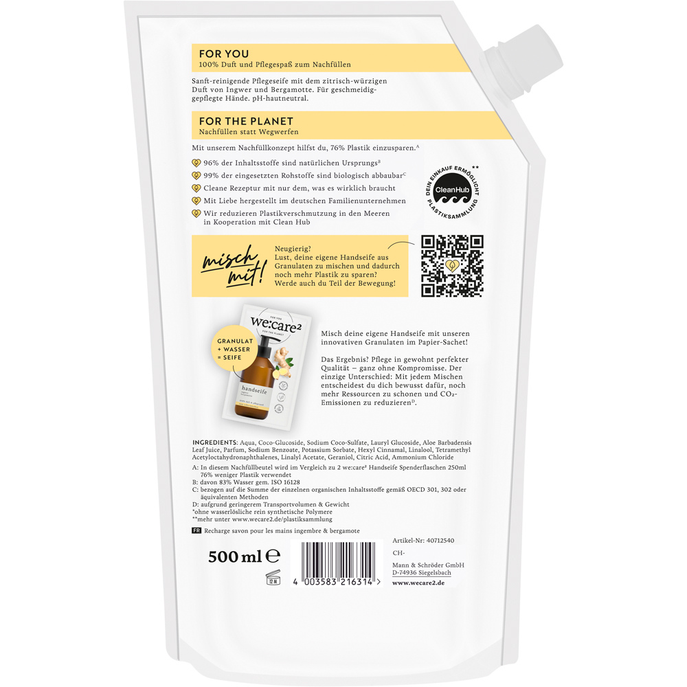 we:care2 Nachfüllbeutel Handseife, Ingwer-Bergamotte, 500 ml