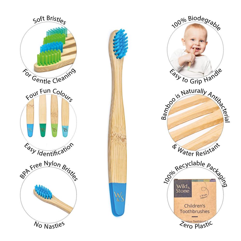 Wild &amp; Stone children's bamboo toothbrushes, soft, aqua, pack of 4