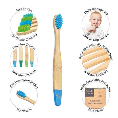 Wild &amp; Stone children's bamboo toothbrushes, soft, aqua, pack of 4