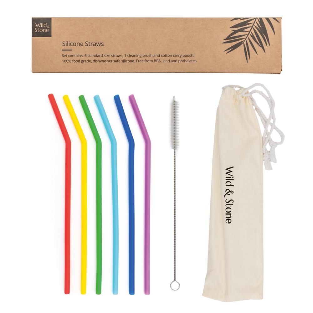 Silicone drinking straws, rainbow colours, BPA free and vegan - pack of 6