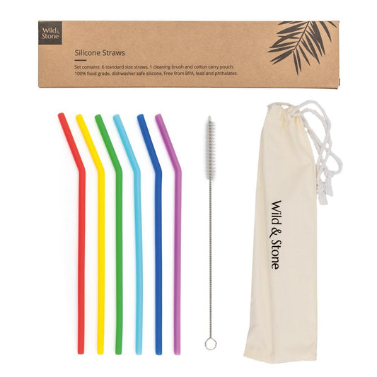 Silicone drinking straws, rainbow colours, BPA free and vegan - pack of 6