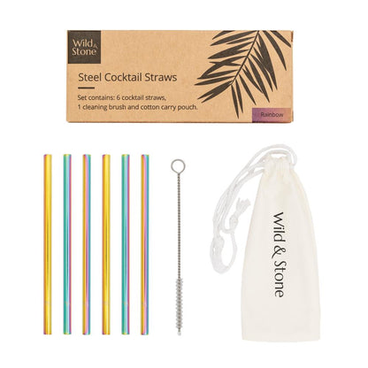 Wild &amp; Stone Cocktail Straws, Stainless Steel, Reusable, Rainbow, Pack of 6