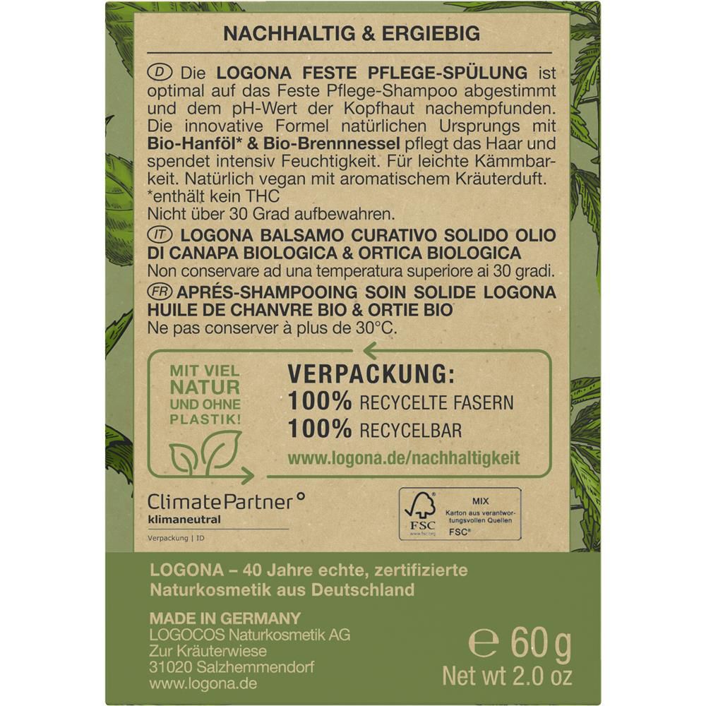 Logona Après-shampooing solide chanvre et ortie, 60 g