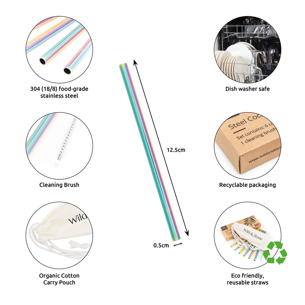 Wild &amp; Stone Cocktail Straws, Stainless Steel, Reusable, Rainbow, Pack of 6