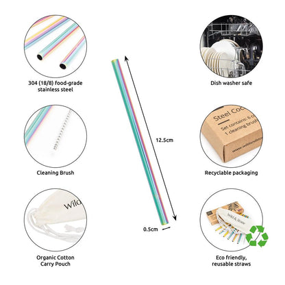 Wild &amp; Stone Cocktail Straws, Stainless Steel, Reusable, Rainbow, Pack of 6