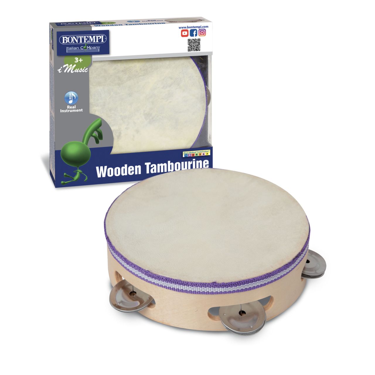 Bontempi tambourine with wooden structure, natural skin