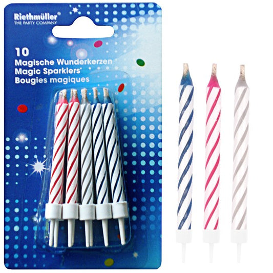 10 Trickkerzen mit Halter ass.