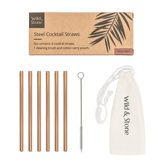 Wild &amp; Stone Cocktail Drinking Straws Made of Stainless Steel, Reusable, Rose Gold, Pack of 6